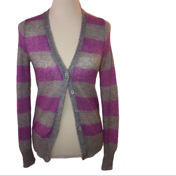 I Love H81 Women's Small Purple & Grey Striped Eyelet Cardigan Sweater - Picture 8 of 8